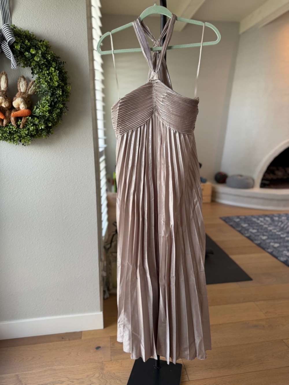 Mango Champagne Pleated Halter Maxi Dress